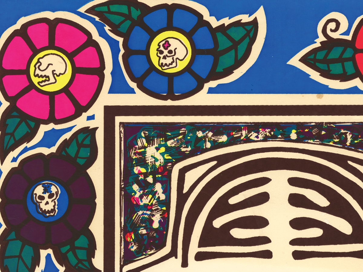 bright blue, pink, and black flowers with skulls in the centers.